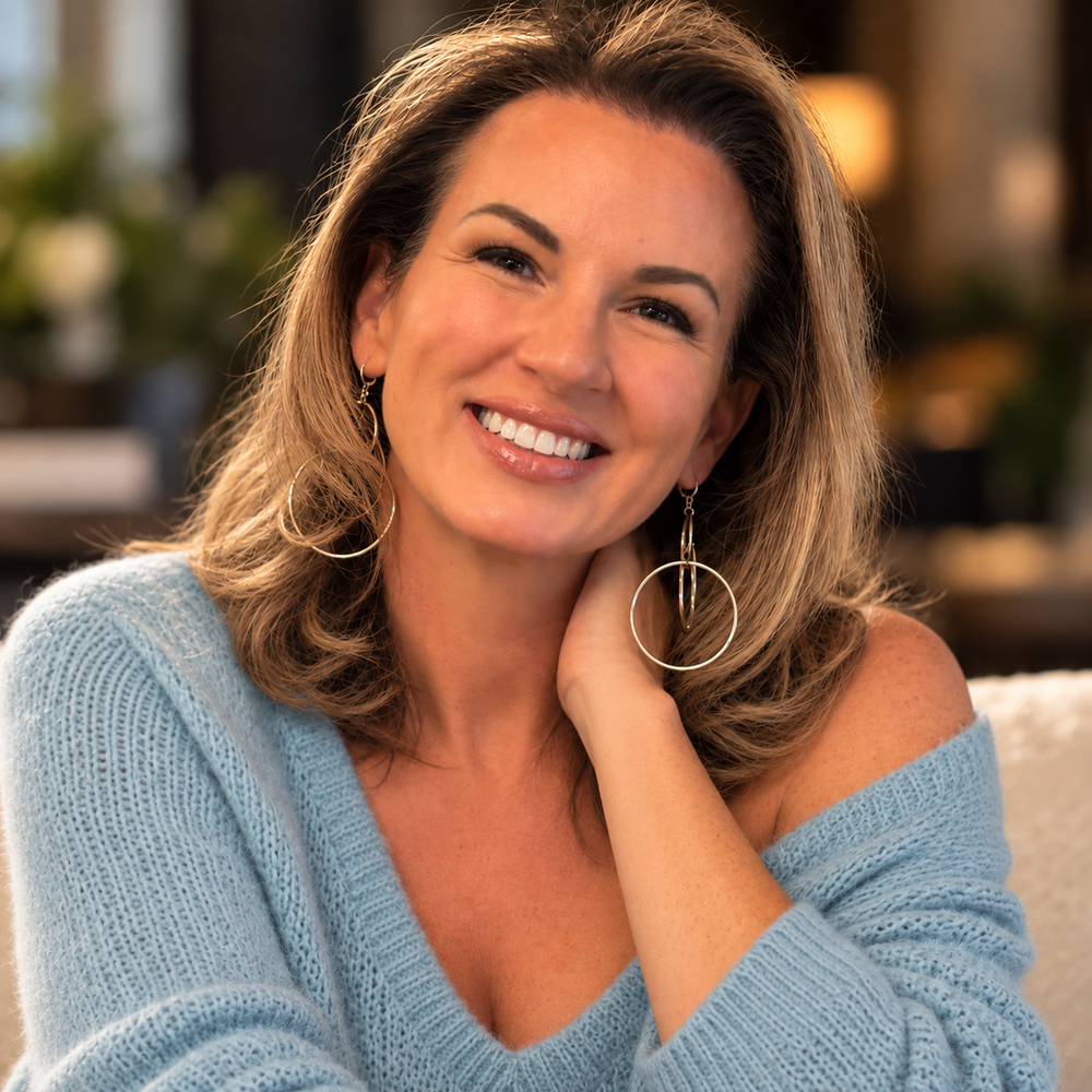 Liliana Hart smiling in a blue sweater